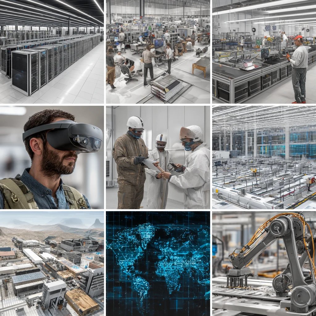 A collage of high-tech applications including data centers, VR, and manufacturing.