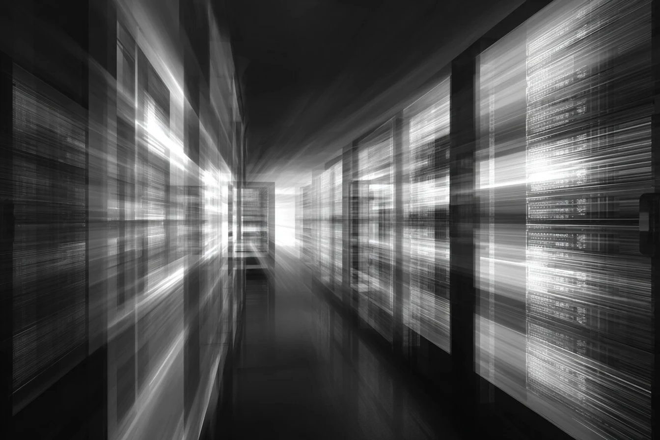 Abstract image of a data center hallway.